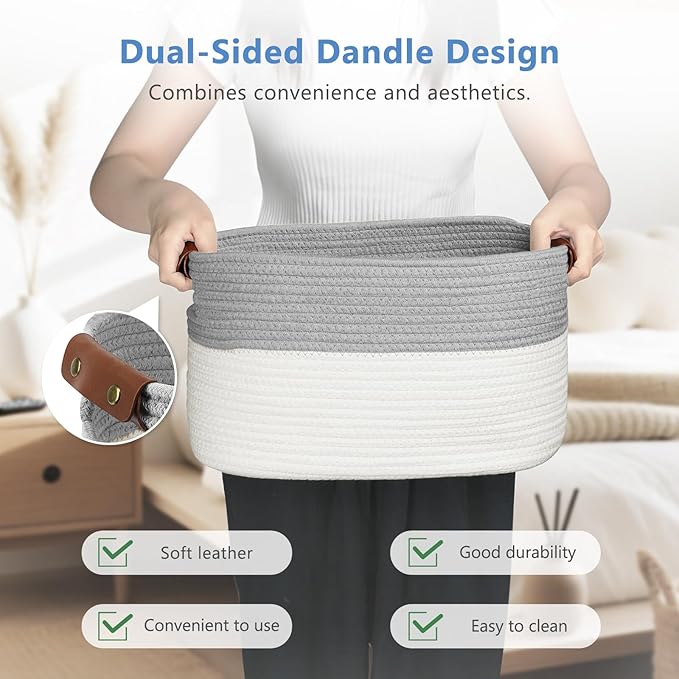 Cotton Rope Storage Baskets,15x10x9 in,Foldable Storage Bins, Decorative Woven Basket Cube Storage Organizer for Laundry, Towel, Clothes (White/Grey-2Pack, 15x10x9 inches)