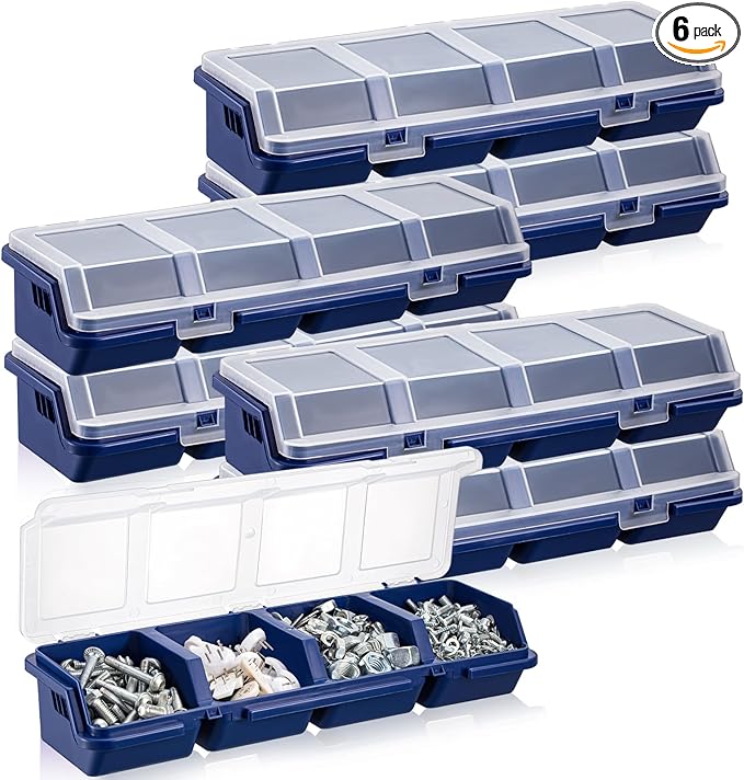 Hushee 6 Pcs Screw Organizer Box with Lid 4 Compartments Tool Bin Divider Plastic Stackable Hardware Organizer Small Part Storage Sorting Screw Box for Garage Workbench Craft Storage (Blue)