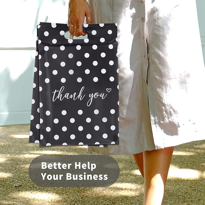 JinRuiKJ Poly Mailers with Handle 10x13 Inch 100 Pcs, Easy to Carry Packaging Bags for Small Business, Thank You Shipping Bags with Self Adhesive Strip, Tearproof and Waterproof - White Polka Dot