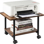 Under Desk Printer Stand - 2-Tier Industrial Mobile Printer Table with Storage Shelf, Heavy Duty Wood Rolling Printer Cart with Wheels for Home and Office,Rustic Brown