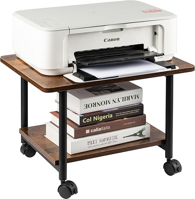 Under Desk Printer Stand - 2-Tier Industrial Mobile Printer Table with Storage Shelf, Heavy Duty Wood Rolling Printer Cart with Wheels for Home and Office,Rustic Brown