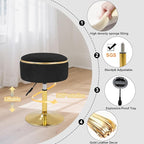 Adjustable Vanity Stool with Storage, 360° Swivel Makeup Stool Chair Small Velvet Round Ottoman with Gold Base for Bedroom (Black)