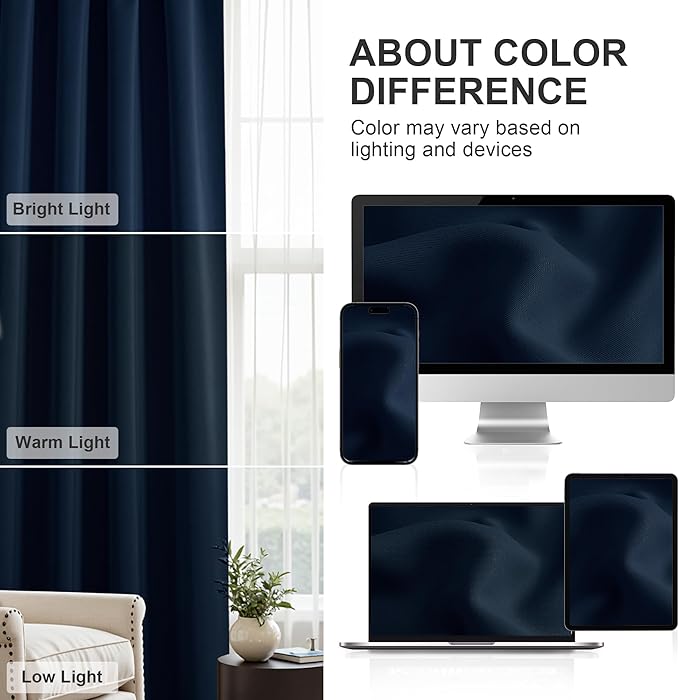 PONY DANCE Navy Blue Curtains - Blackout Window Drapes Thermal Insulated Draperies Energy Saving Covering for Bedroom Bay Windows, 70 Wide by 63 inch Drop, 2 Panels