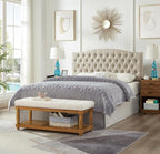 24KF Large Rectangular Upholstered Tufted Bed Bench, Linen Fabric Storage Ottoman Bench for Living Room, Padded Entryway Bench with Solid Wood Shelf,5098-Ivory
