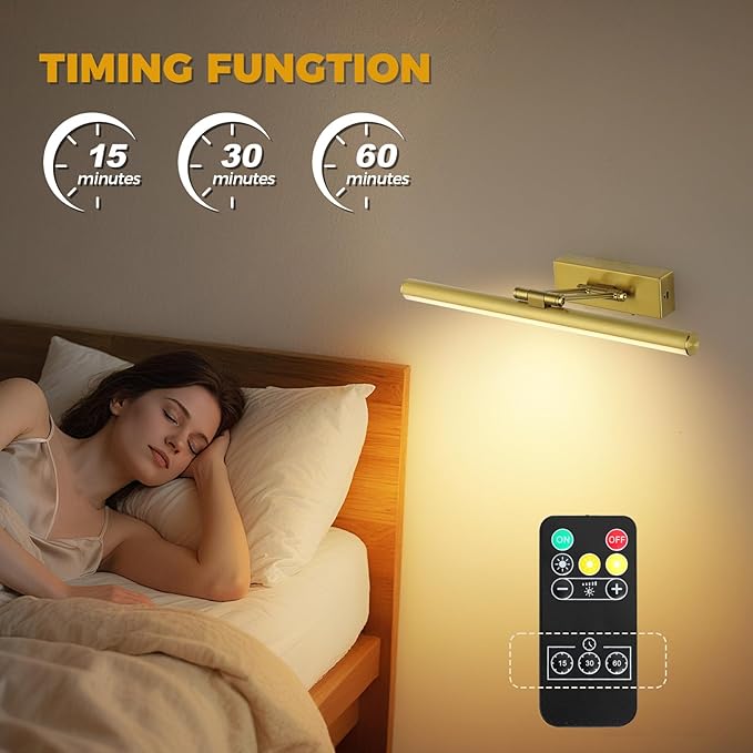 JUSHENG Battery Operated Picture Lights for Wall Brass 3CCT Dimmable Gallery Lights with Remote and Timer Wireless Painting Lights for Artwork, Display, Portraits 15.35'' Inch 3W
