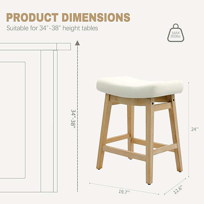 Counter Height Bar Stools Set of 4 for Kitchen Counter Backless Farmhouse Kitchen Island Barstools with Upholstered Faux Leather Saddle Seat and Solid Wood Legs Modern 24 inch Bar Chairs, White