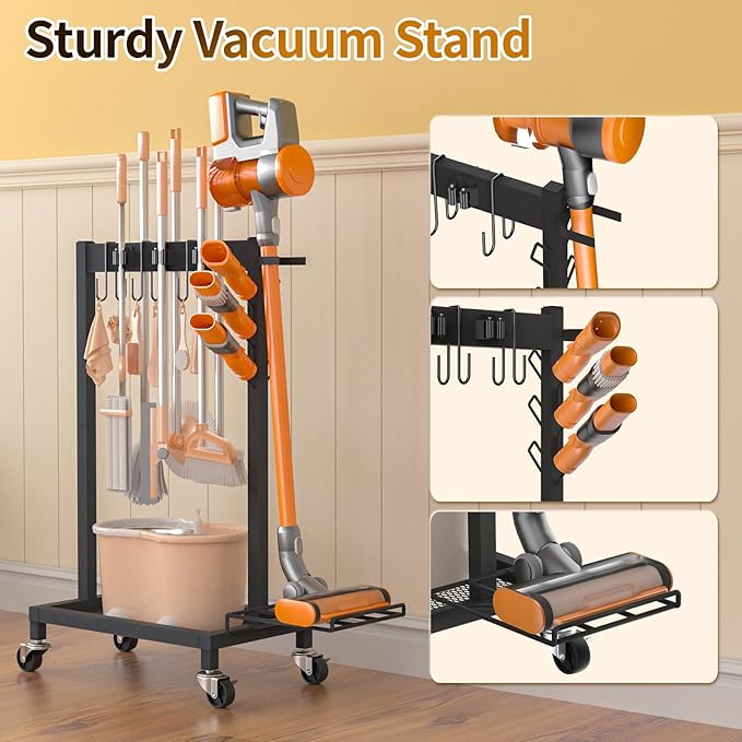 Cleaning Supplies Organizer with Broom Holder Load 150 LBS Cleaning Cart with Wheels Broom Closet Storage with 6 Mop Hanger Grippers, 3 Double-Hooks, Vacuum Stand for Laundry Room Organization, Black
