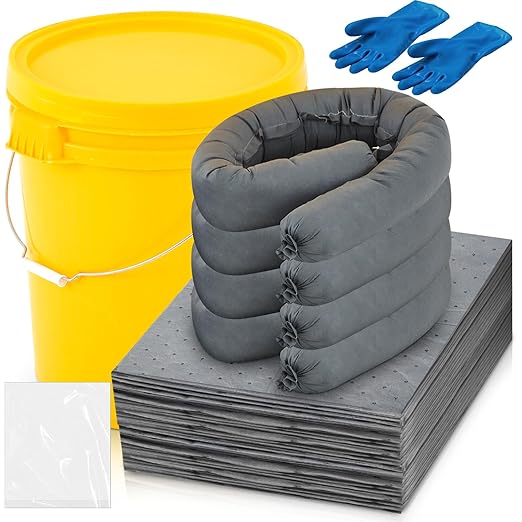 41 Pcs Universal Spill Kit Portable Complete 9-Gallon Spill Kit, Absorbs Oils Water and More, Yellow Bucket, 30 Absorbent Pads, 4 Pcs 3" x 4' Sorbent Socks, 5 Disposal Bags, PVC Gloves