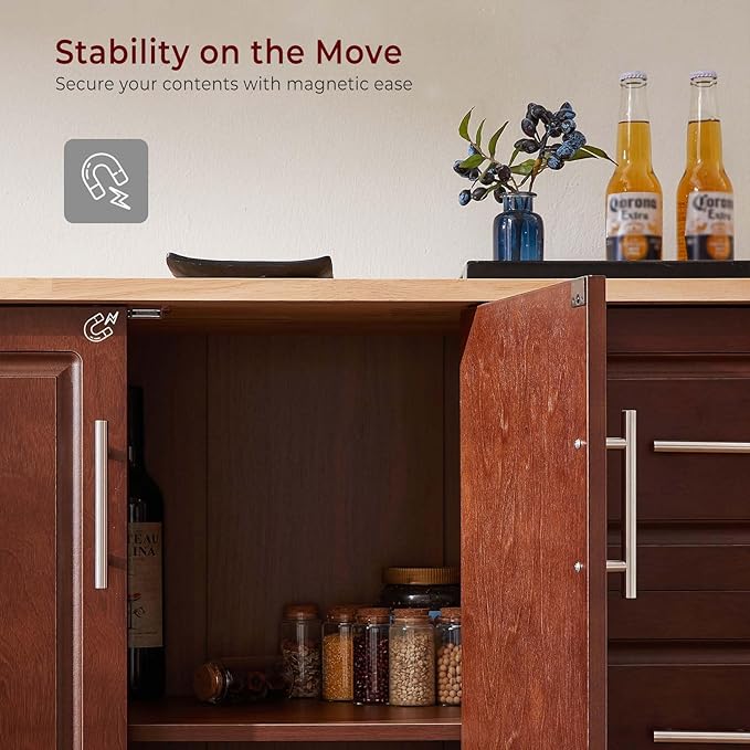 Lyromix Walnut 54" Rolling Kitchen Island Cart with Storage, Large Kitchen Cart with Folding Drop Leaf Breakfast Bar, Wood Island Table with 3 Drawers and Spice Rack & Towel Rack, Brown