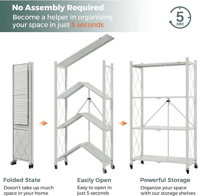 DEANIC 4 Tier Foldable Storage Shelves with Wheels, Large Capacity Shelving Unit, Freestanding Metal Wire Shelf Rack, No Assembly Organizer Rack for Garage Kitchen, Basement, Pantry(Grey Pack of 2)