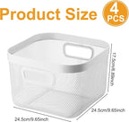 4 Pack Metal Mesh Basket with Hollow Handles White Wire Storage Bin for Organizing Stackable Metal Fine Mesh Basket for Pantry Bathroom Kitchen Cabinets Shelves (Medium)