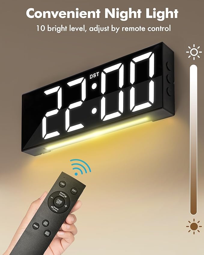 Alampan 12" Large Digital Wall Clock with Remote Control, USB Powered, Corded RGB LED Clock with Full Screen Display, Big Numbers, for Classroom, Living Room, Elderly, Wall Mounted, DST, KSJ-01, Black