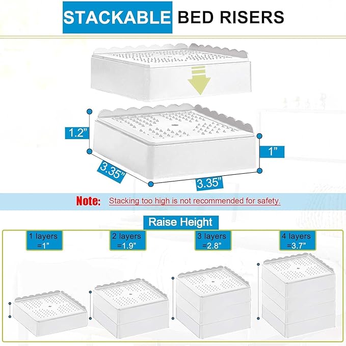 Bed Risers 1 inch, 2 inch, 3 inch, 4 inch Heavy Duty, Adjustable Furniture Riser for Table Desk Couch Sofa Chair Recliner Leg Frame Dorm, Stackable Bed Raisers Blocks (White 4 Pack, 1+1 inch)