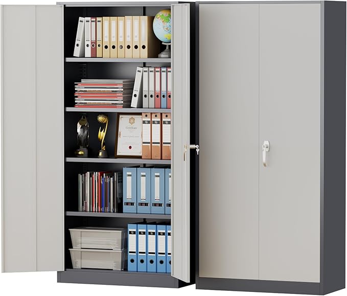 Pataku Metal Storage Cabinet, 72" Garage Cabinet with Doors and Shelves Lockable Steel Multifunctional Cabinets, File Cabinets for Home, Office, Garage, Warehouse(White Grey)