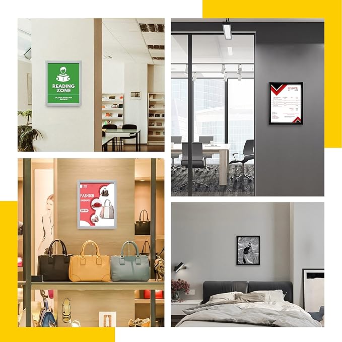 Acrylic Magnetic Sign Holder, Easy-Opening 8.5 x 11 Wall Mount Display Frames, Self Adhesive Back Plastic Clear Document Frame, Horizontal & Vertical Display (Silver, 3Pack)