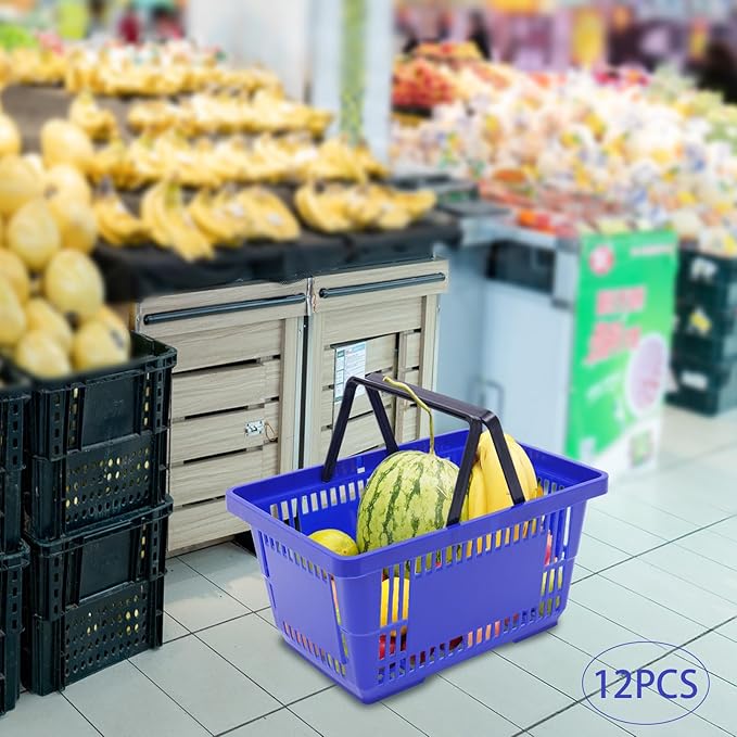 12PCS Shopping Baskets with Handles, Portable Wire Shopping Basket,Open&Stackable Design for Supermarket, Retail, Bookstore (Blue).