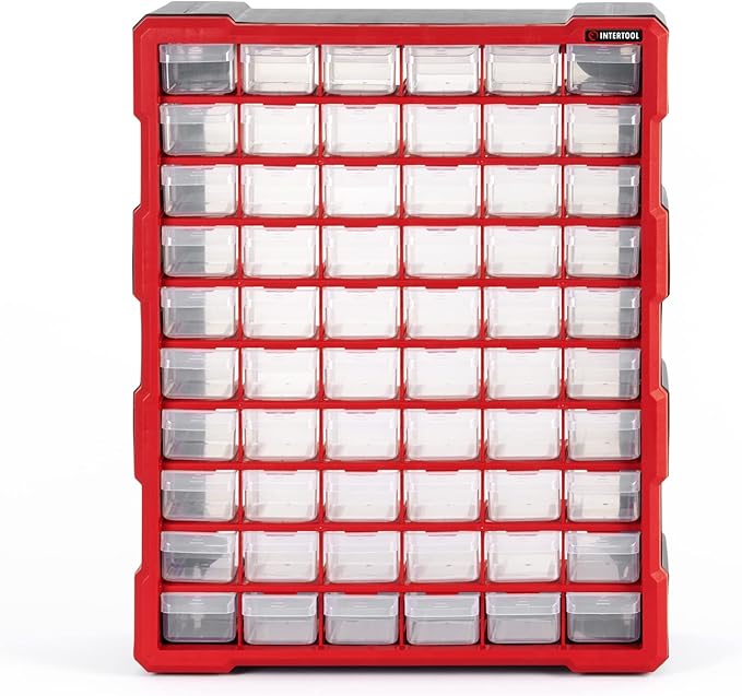 INTERTOOL Small Parts Organizer for Hardware & Screws | 60 Removable Bins with Dividers | Wall Mount or Desktop Craft & Lego Storage Cabinet | 19” x 15” x 7” BX08-4016