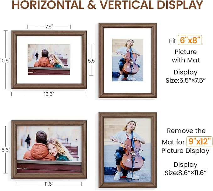 Natural Walnut 9x12 Picture Frames Mat to 6x8 Picture Display Set of 3,Original Wood Handcrafted 9x12 Wooden Photo Frame with Tempered Glass Graduation Family Wedding Pictures Tabletop & Wall Decor