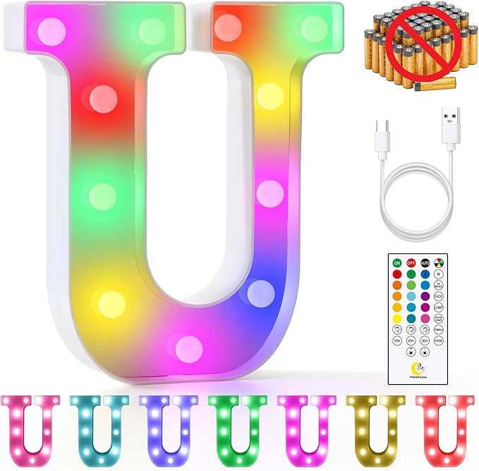 mooncow Rechargeable Light Up Letters,Colorful Marquee Letters with Remote,Gift Wrap Gifts,Bedroom Home Bar Party Decor (U)