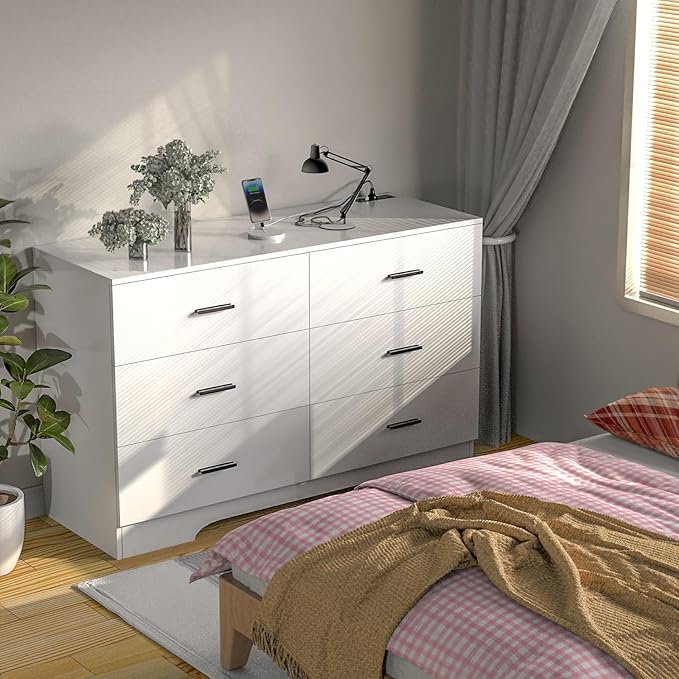Dresser with Power Outlets Wooden 6 Drawer Dresser with USB and Type C Port Chest of Drawers for Bedroom Tall White Storage Organizer for Living Room Hallway Closet