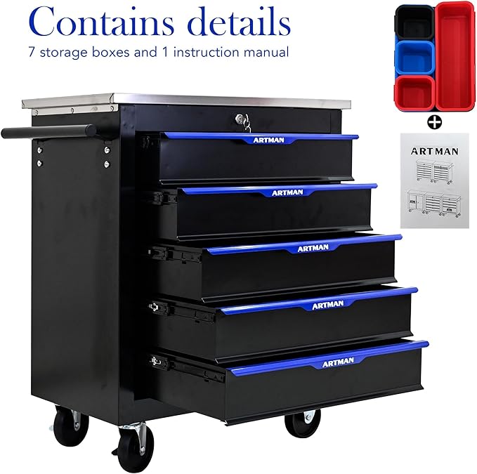 5-Drawer Heavy-Duty Rolling Steel Tool Cart with Handle&Wheels, Metal Storage Organizer Cabinet, Tool Chest for Efficient Tool Storage in Garage, Warehouse, Workshop, Repair Shop, Blue