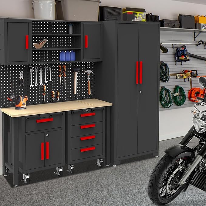 Garage Cabinets Storage System，12PCS Workshop Set with Steel Cabinet Drawers, Rolling Chest, Workbench, Pegboard for Tool Organization