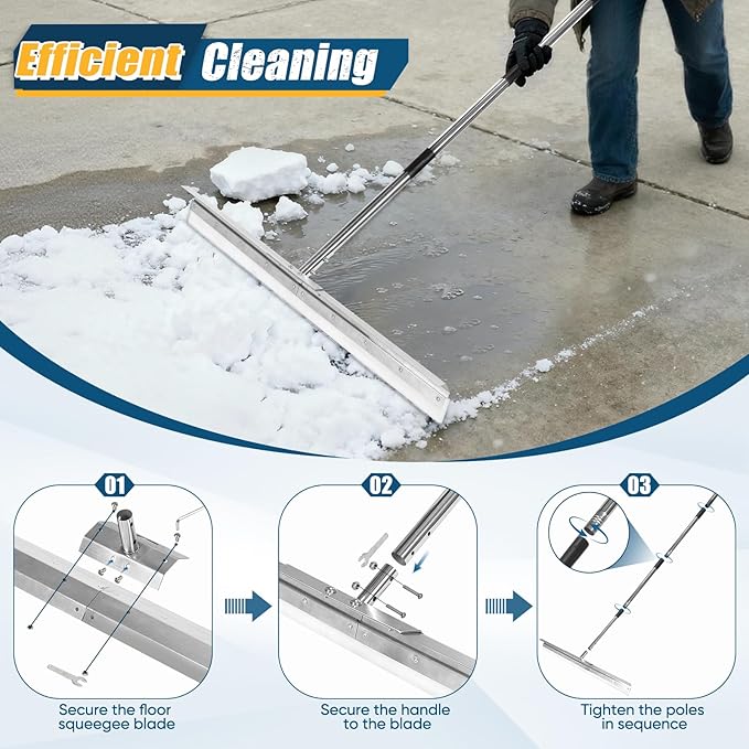 CAROD 33.4" Large Floor Squeegee for Concrete, Industrial Silicone Blade Squeegee for Floor with 63" Stainless Handle, Anti-Splash Curved Baffle Design for Garage, Factory, and Tough Cleaning Jobs