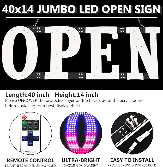 Open Signs for Business,40x14 inch USA Flag Open Sign Led for Window Wall Door w/Remote Control Bar Cafe Salon Barber Resturant Retail Store