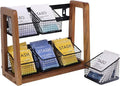 HTB 2 Tier Tea Organizer for Tea Bags, Tea Bag Holder with Acacia Wood Stand and 6 Removable Metal Basket for Sugar Packets, Sweeteners, Creamers for Cabinet, Countertop or Wall-mounted