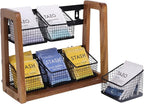 HTB 2 Tier Tea Organizer for Tea Bags, Tea Bag Holder with Acacia Wood Stand and 6 Removable Metal Basket for Sugar Packets, Sweeteners, Creamers for Cabinet, Countertop or Wall-mounted