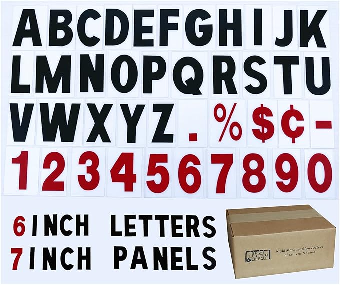6 on 7 inch Marquee Sign Letters for Outdoor Signs, the 6" Letter printed on 7" high .060 thick Rigid acrylic panel, Reader Board Black Letters & Red Numbers - Sign Letter Depot