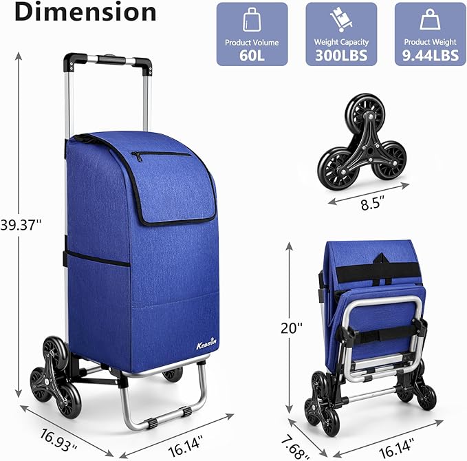 KEDSUM 2 in 1 Aluminum Alloy Stair Climbing Cart, 300LBS Grocery Cart on Wheels, Foldable Shopping Carts with Waterproof Oxford Blue Bag for Groceries, Lightweight & Durable Aluminum Frame