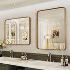 LOAAO 30X36 Inch Bathroom Mirror with Wood Grain Colored Metal Frame, Rounded Rectangle Metal Framed Bathroom Mirror, Anti-Rust, Hangs Horizontally or Vertically, Tempered Glass