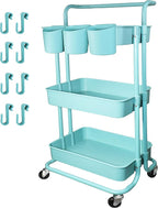 3 Tier Utility Rolling Cart Multifunction Organizer Shelf Storage Cart with 3 Piece Cups and 8 Piece Hooks for Home Kitchen Bathroom Laundry Room Office Store etc. (Blue)