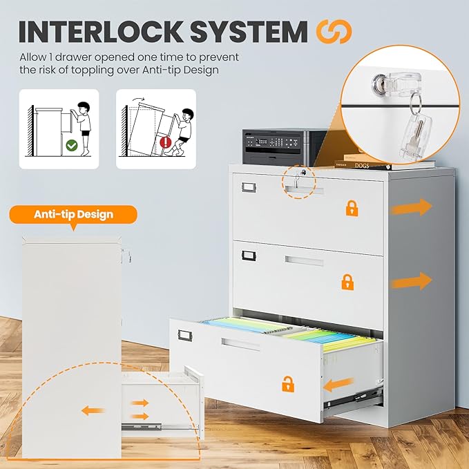 3 Drawer File Cabinets for Home Office, Metal Filing Cabinet with Lock, White Locking File Caninet Three Drawer, Office Storage Caninets Steel Cabnet for Letter/Legal/A4/F4-Assembly Required