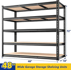 REIBII 48" W Garage Shelving Heavy Duty, 3000LBS Storage Shelves, 5-Tier Adjustable Metal Shelving, Garage Shelves Sturdy Industrial Shelf, Easy Assemble, 72" H x 48" W x 18" D, 2PC