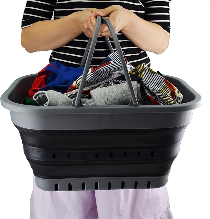 SAMMART 19L (5 Gallon) Collapsible Tub with Handle - Portable Outdoor Picnic Basket/Crater - Foldable Shopping Bag - Space Saving Storage Container (Grey/Black)