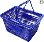 Stackable Plastic Shopping Baskets, Red and Blue, Easy-Grip Handles for Grocery, Retail, Liquor Stores, Home Use (2-pack, Blue)