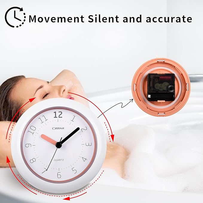 OSTAR Waterproof Bathroom Shower Clock, Analog Quartz Clock Hanging Stand Dual Purpose, One AA Battery Operated 4.72 inch Round Size