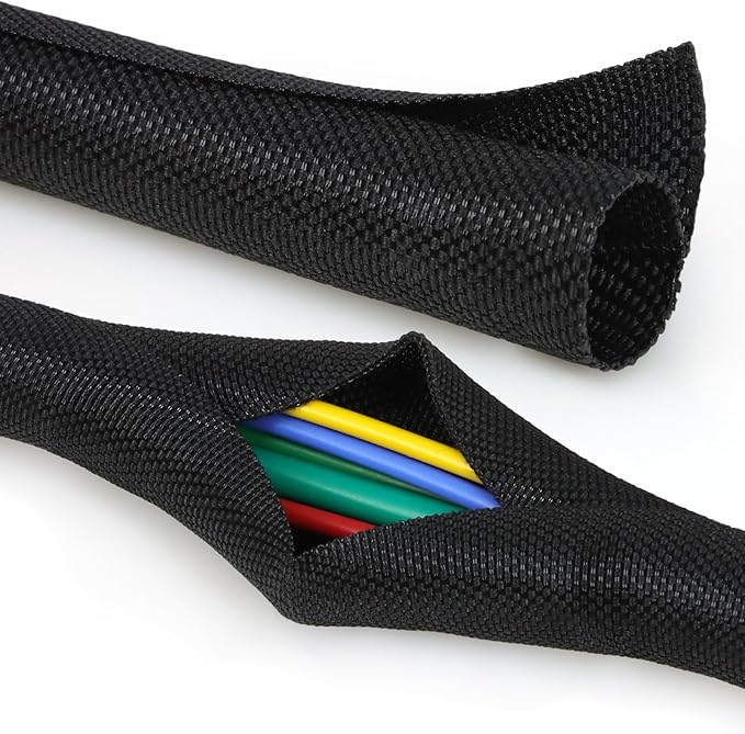 Split Braided Cable Sleeve，Flexible Wire Loom Tubing, Automotive Cord Protector Pet Proof, Cable Management for Computer TV Electric Wires Harness 16ft (Black, 19mm（3/4")