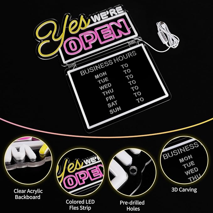 MissAudrey Yes! We Are Open Neon Signs for Business with Cycle Timer, 16.5"*19.4" LED Open Neon Sign for Wall Decor, USB Power with Business Hours Lights Up Sign for Bar Coffee Shop Restaurant Club