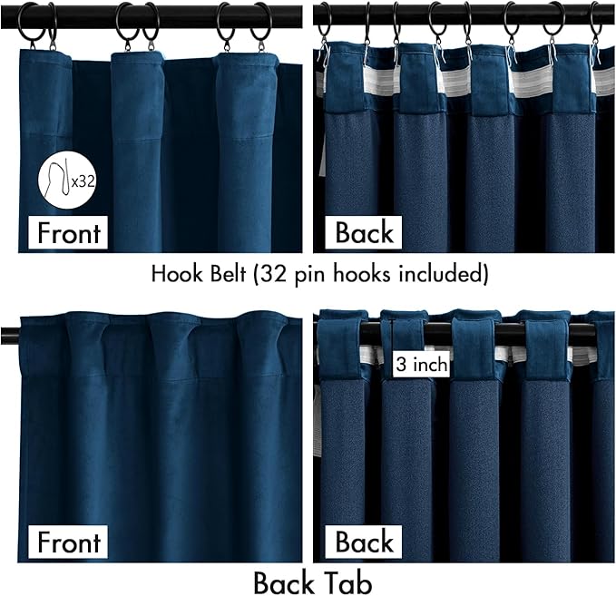 MIULEE Velvet Curtains 108 Inch Length 2 Panels Set for Bedroom, Pinch Pleat Back Tab Luxury Thermal Insulated Living Room Darkening Pleated Blackout Extra Long Window Curtain with Hooks, Navy Blue