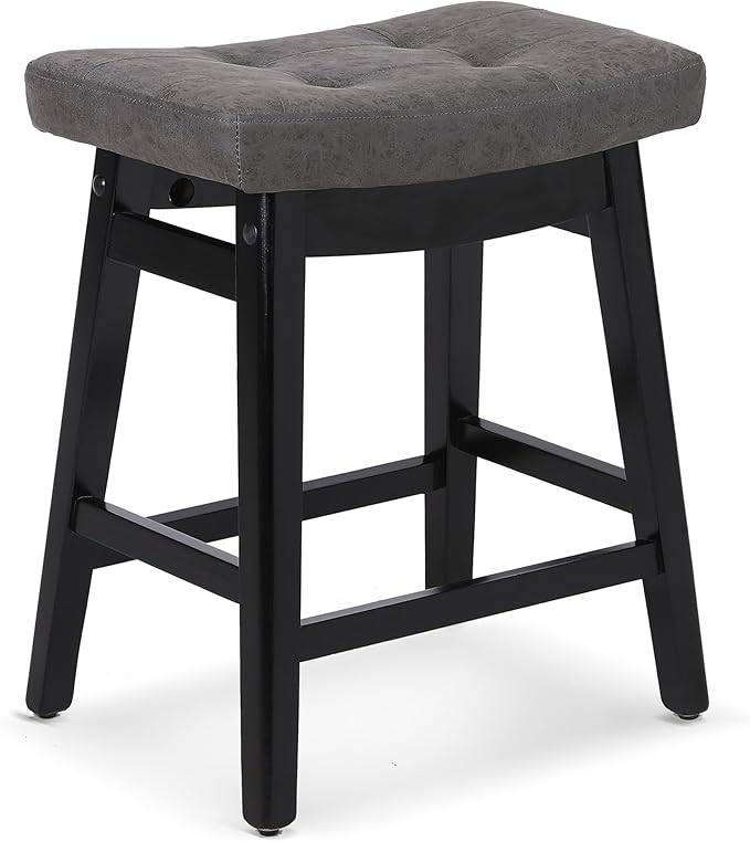 Counter Height Bar Stool Kitchen Counter Modern Backless Barstool with Upholstered Faux Leather Seat and Solid Wood Leg Farmhouse 24 inch Bar Chair, Grey + Black, 1pc
