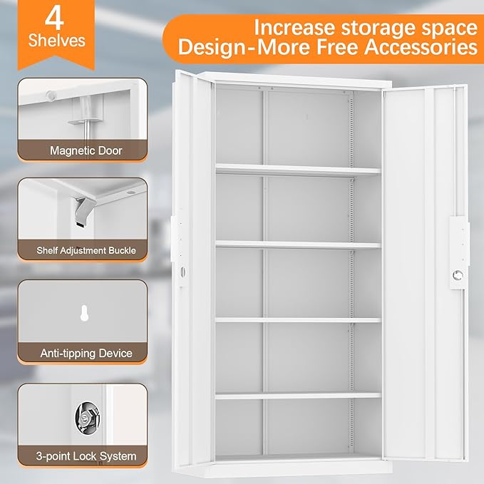 Metal Garage Storage Cabinet,72" Locking Tool Cabinet with Doors and 4 Shelves,Tall Metal Cabinets with Garage Storage Systems for Home Office,School,White