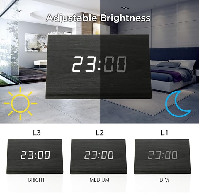 GEARONIC Digital Alarm Clock Wooden Alarm Clock Wood Modern Triangle Alarm Digital Desk Clock, Displays Time Date Temperature Calendar Wood Made Electric Clocks for Bedroom, Bedside - Black
