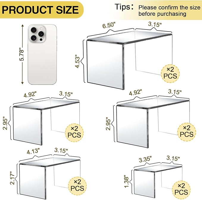 10 Pcs Acrylic Display Risers, 2 Sets Small Size Acrylic Risers Display Stands, 0.15" Thick Clear Shelf Riser, Risers Display Stands for Dessert, Candy, Figure, Perfume, Jewelry Showcase