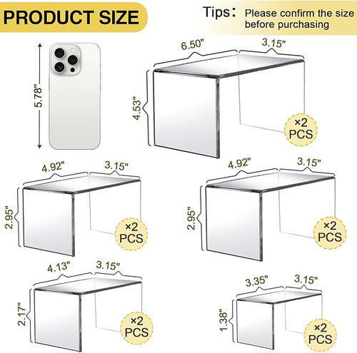 10 Pcs Acrylic Display Risers, 2 Sets Small Size Acrylic Risers Display Stands, 0.15" Thick Clear Shelf Riser, Risers Display Stands for Dessert, Candy, Figure, Perfume, Jewelry Showcase
