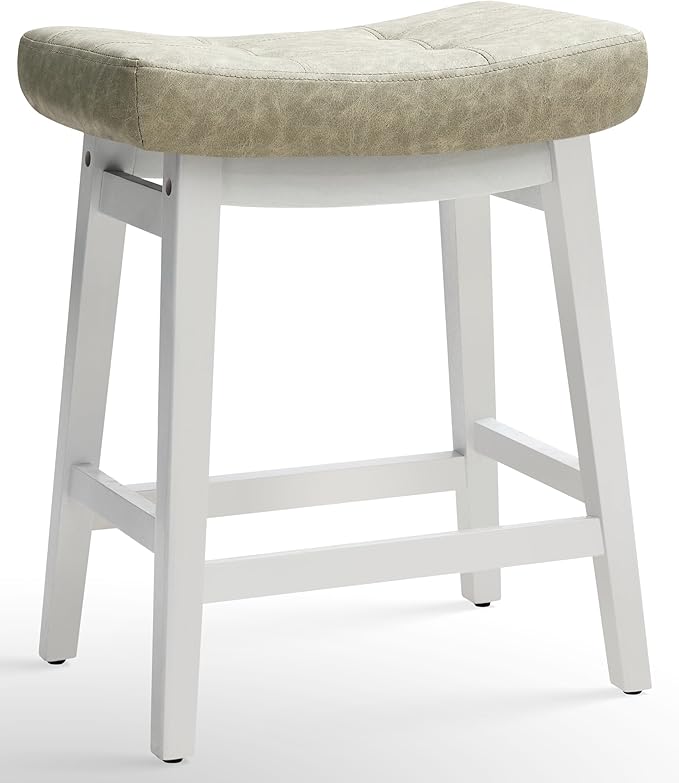 Counter Height Bar Stool Kitchen Counter Modern Backless Barstool with Upholstered Faux Leather Seat and Solid Wood Leg Farmhouse 24 inch Bar Chair, Light Grey + White, 1pc
