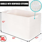 MINTWOOD Design 22in Extra Large Blanket Basket Holder Living Room, Rectangle Rope Woven Storage Basket with Handles for Laundry, Pool Towels, and Shoes, Dog Toy Organizer Bin Box, Creamy White