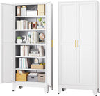 White Metal Storage Cabinet,75" Steel Cabinets for Home Office, Kitchen Pantry Storage Cabinet with Doors and 5 Adjustable Shelves, Tool Cabinets, for Office, Home, Garage, School